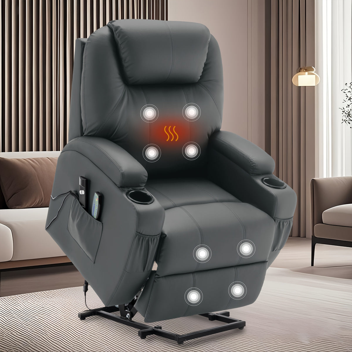 Power Lift Recliner Chair with Massage and Heating Functions, Remote Control and Cup Holder for Home Relaxation, Color and Upholstery Label Options