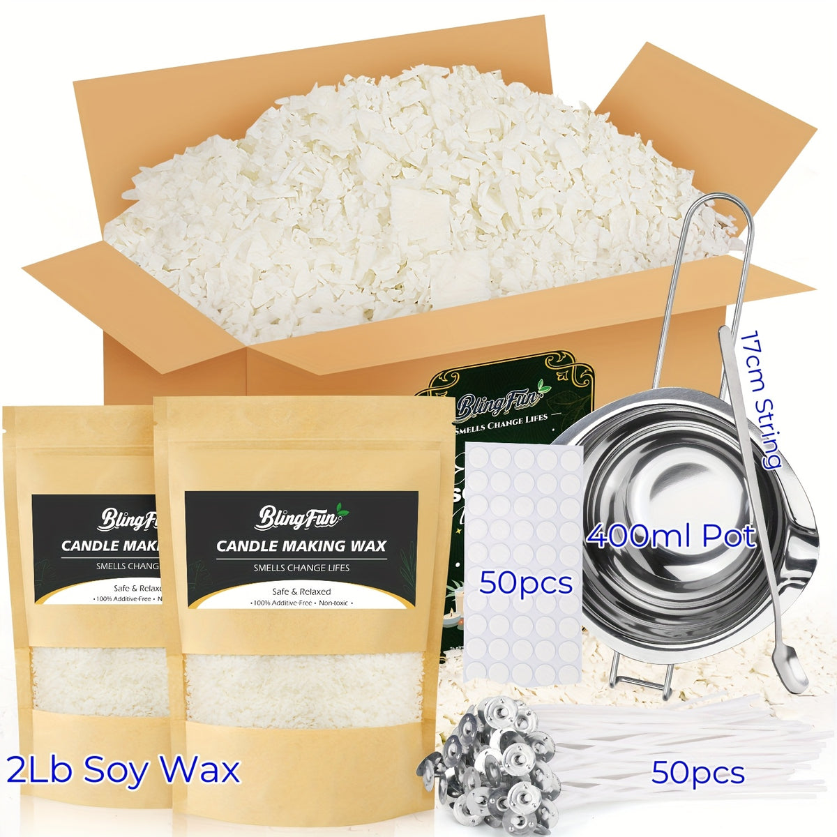 Soy Wax Candle Making Supply Kit with 0.25LB, 1LB and 2LB Pot/String Option Labels, Listed Wicks and Wick Accessories for Adult DIY Candles and Handmade Holiday Gifts