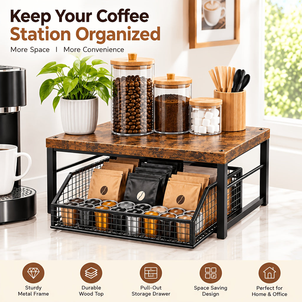 Coffee Pod Storage Drawer Stand, Modern Black Metal Countertop Shelf with Listed 70-Pod Capacity for Compatible Coffee Machines and Kitchen Accessories