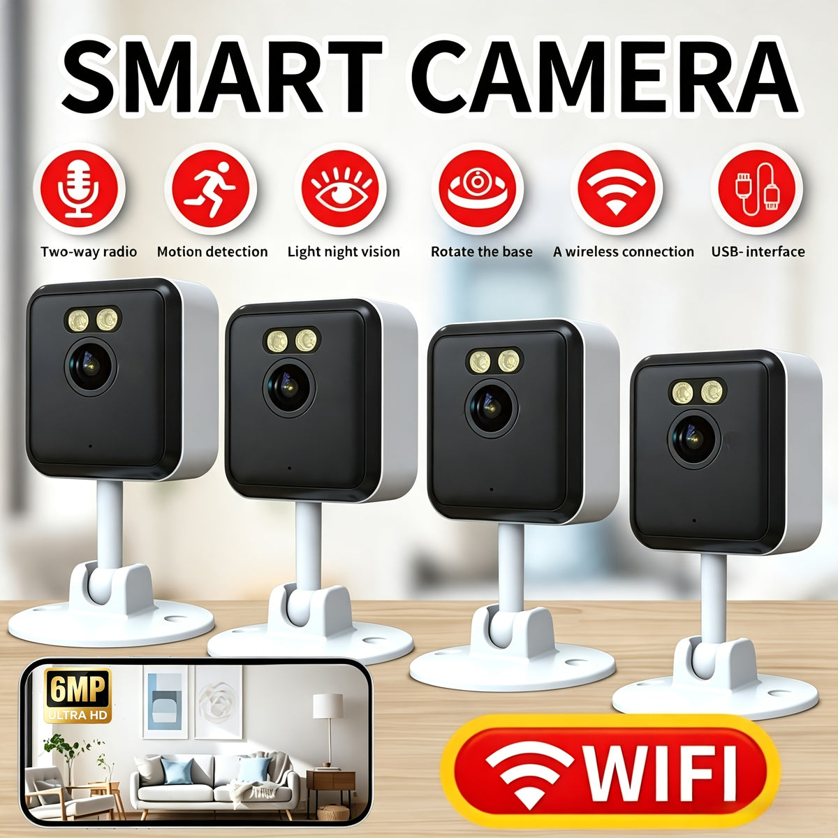 Indoor Security Camera Four-Pack with Listed 6MP Imaging, 2.4GHz WiFi, Two-Way Audio and Color Night Vision, Plus Four 78.74-Inch USB Cables for Home Monitoring