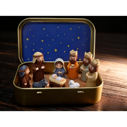 Miniature Christmas Nativity Set in Tin Box with Mary, Baby Jesus, Shepherds and Animal Figures, Pocket-Sized Manger Scene for Holiday Display and Religious Gifts