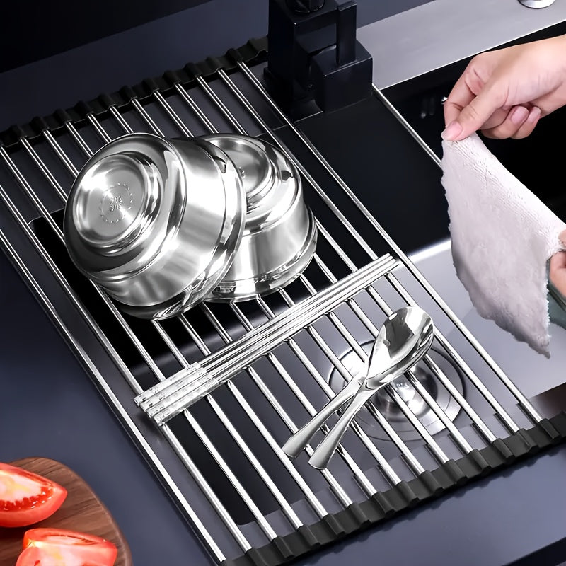 Roll-Up Dish Drying Rack, Stainless Steel Over-the-Sink Draining Mat in Black or Gray, Single-Piece Rollable Kitchen Rack for Tableware and Fruit