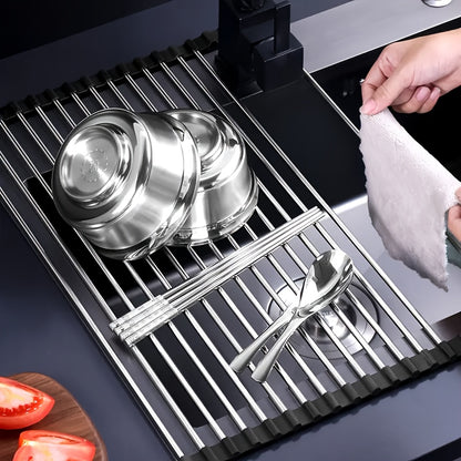 Roll-Up Dish Drying Rack, Stainless Steel Over-the-Sink Draining Mat in Black or Gray, Single-Piece Rollable Kitchen Rack for Tableware and Fruit