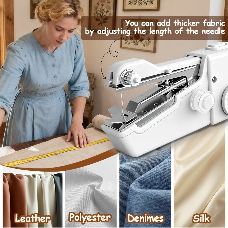 Compact Handheld Sewing Machine Kit - Portable Sewing Machine, Fast Sewing, Portable Quick Sewing Tool for Fabrics, Garments, Etc. - Battery Powered (Includes Needle, Needle Threader, Thread Spool Pin, Fabric Sample, Two Bobbins)