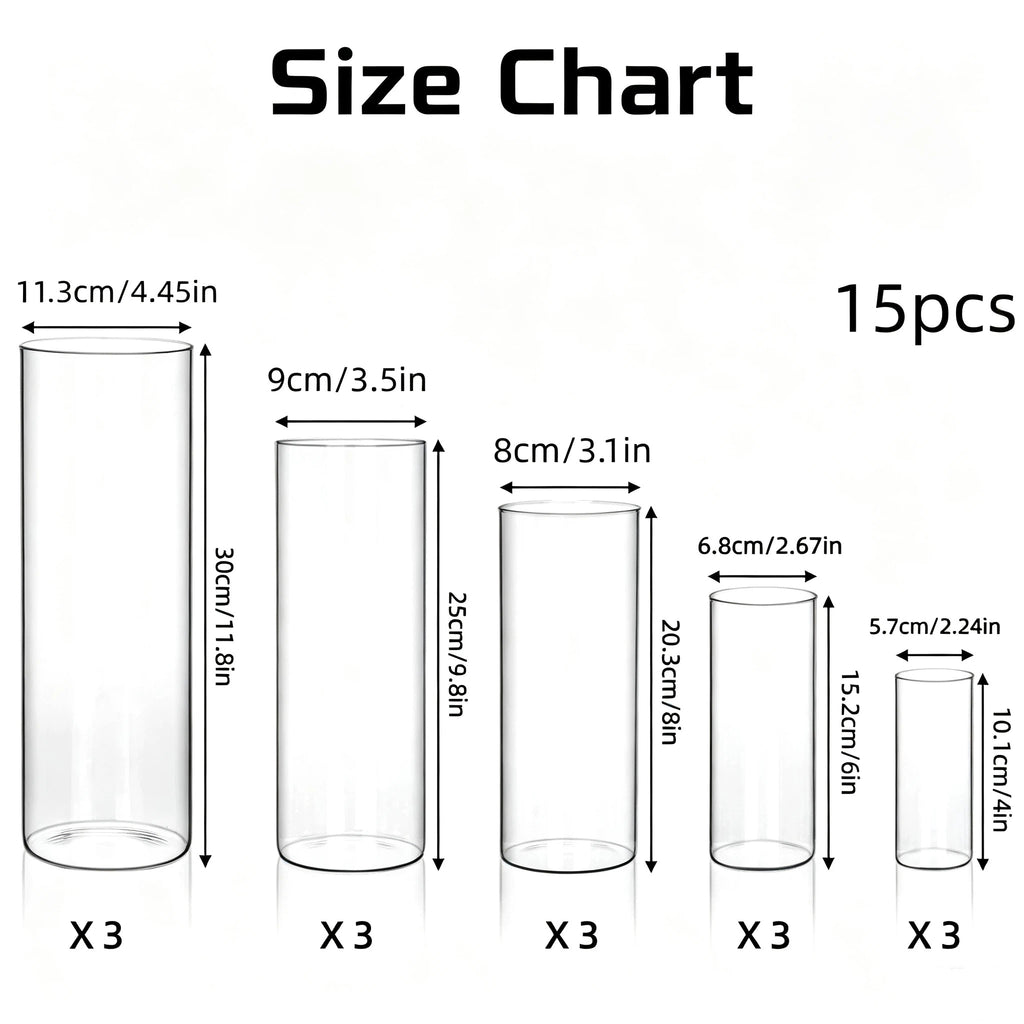 Glass Cylinder Vase Set, 15 Clear Round Vases in Five Heights from 4 to 11.8 Inches for Layered Wedding Centerpieces, Flower Arrangements and Home Table Decor