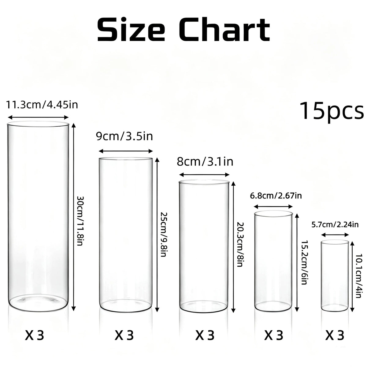 Glass Cylinder Vase Set, 15 Clear Round Vases in Five Heights from 4 to 11.8 Inches for Layered Wedding Centerpieces, Flower Arrangements and Home Table Decor