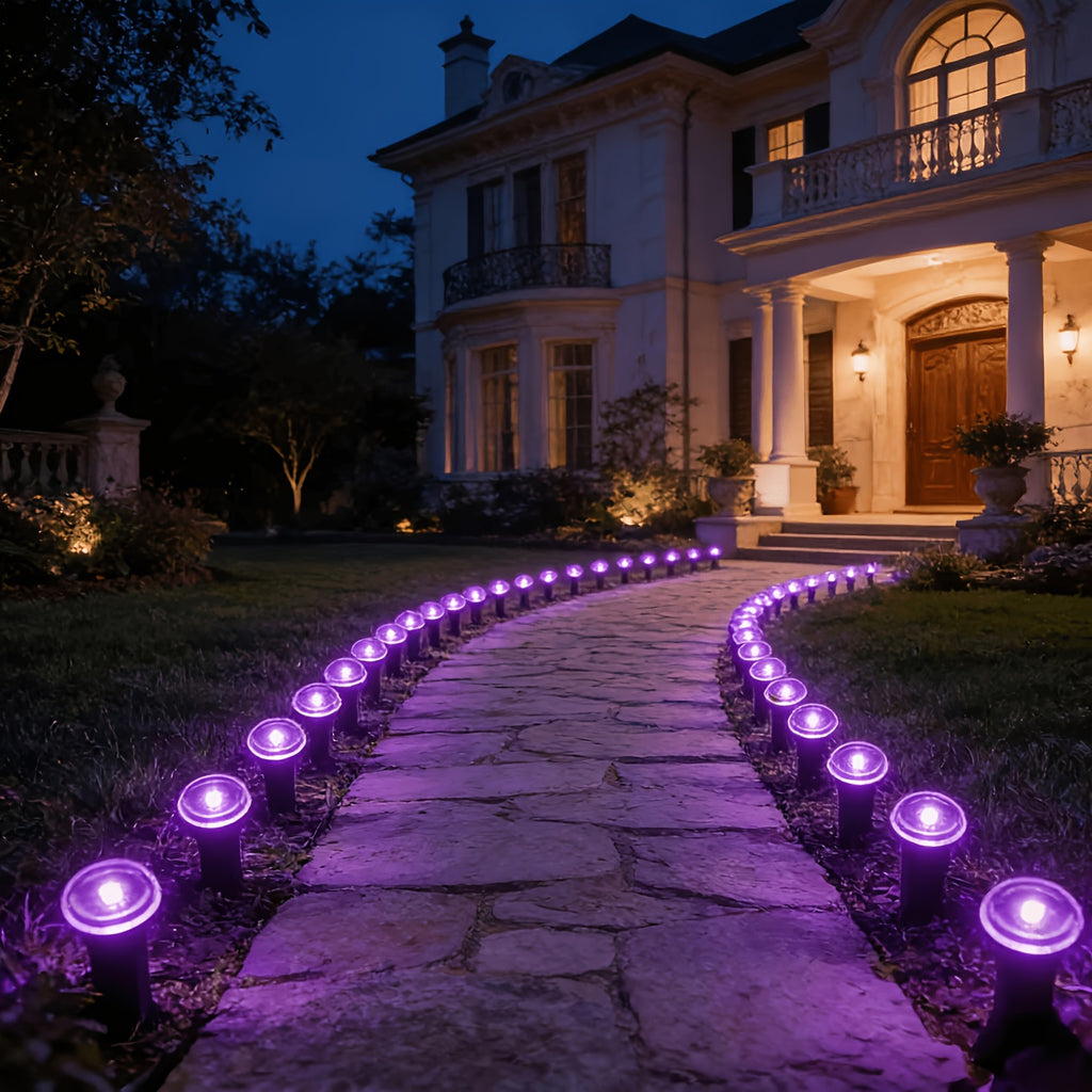 Purple or Blue Solar Lawn Stake Lights, 30 LED Style Options with Listed IP44 Rating for Garden Paths, Courtyards, Outdoor Parties and Wedding Decor