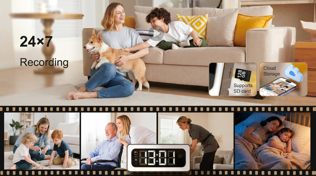 Wood-Grain Indoor Security Clock Camera with Listed 2K Video, Dual-Band WiFi, Color Night Vision, Motion Alerts, Rechargeable Battery and Optional microSD Storage
