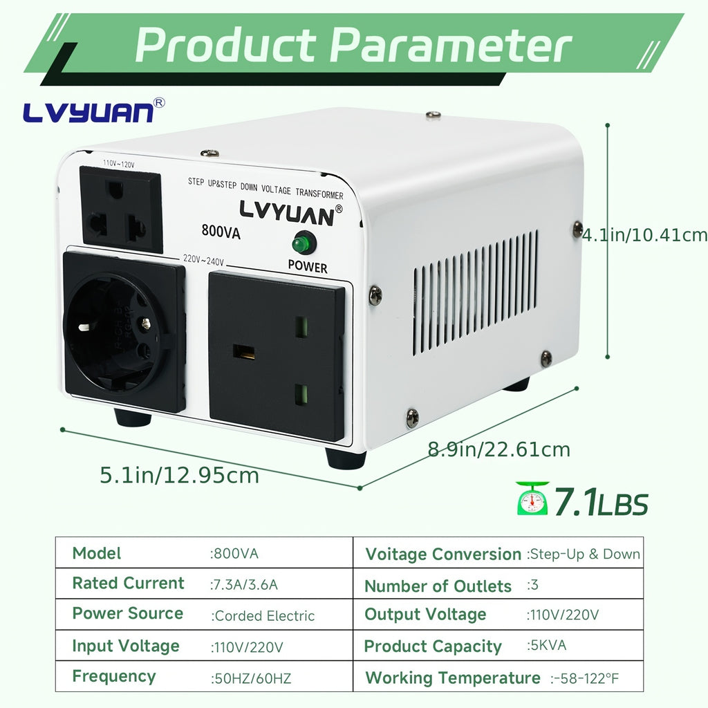 Voltage Converter 800W/5000W Peak, Heavy Duty Step Up Step Down Transformer, 110V to 220V / 220V to 110V, Aluminum Body, Safety Protections with Overload Indicator