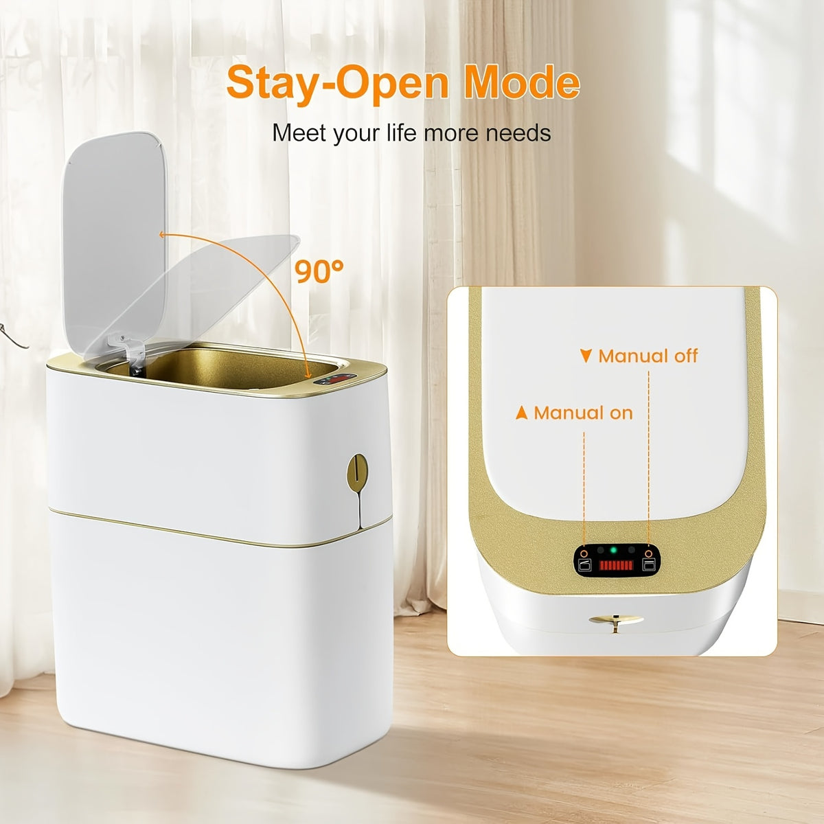 Golden-Accent Sensor Trash Bin with Listed 4-Gallon Capacity and Automatic Lid, One- or Two-Piece Options for Bathroom, Bedroom and Office Waste Storage, Batteries Excluded