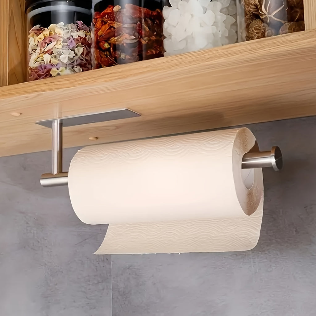 Self-Adhesive Paper Towel Holder in Stainless Steel, Single No-Drill Wall-Mounted Roll Organizer in Silvery or Black for Kitchen and Bathroom Storage