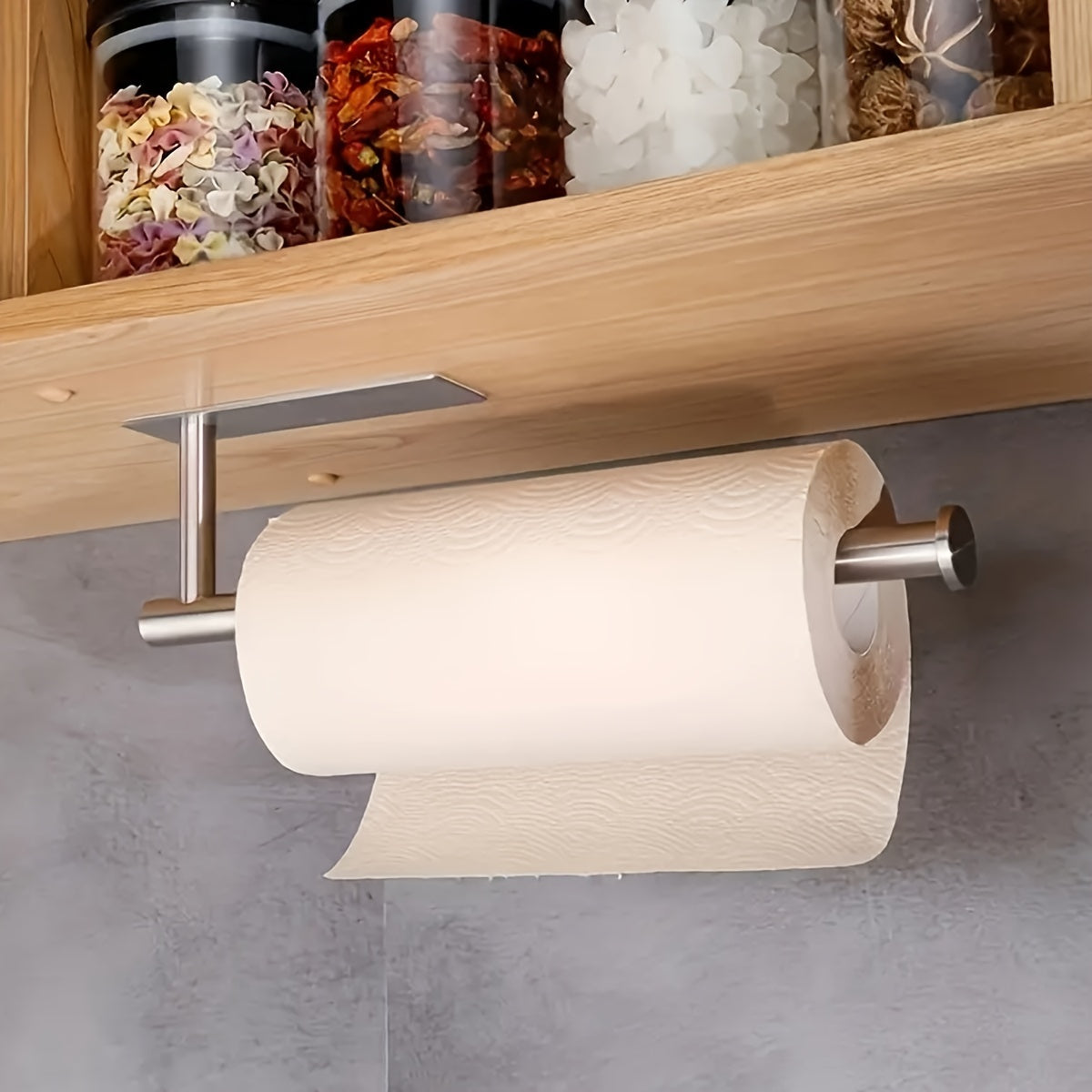 Self-Adhesive Paper Towel Holder in Stainless Steel, Single No-Drill Wall-Mounted Roll Organizer in Silvery or Black for Kitchen and Bathroom Storage