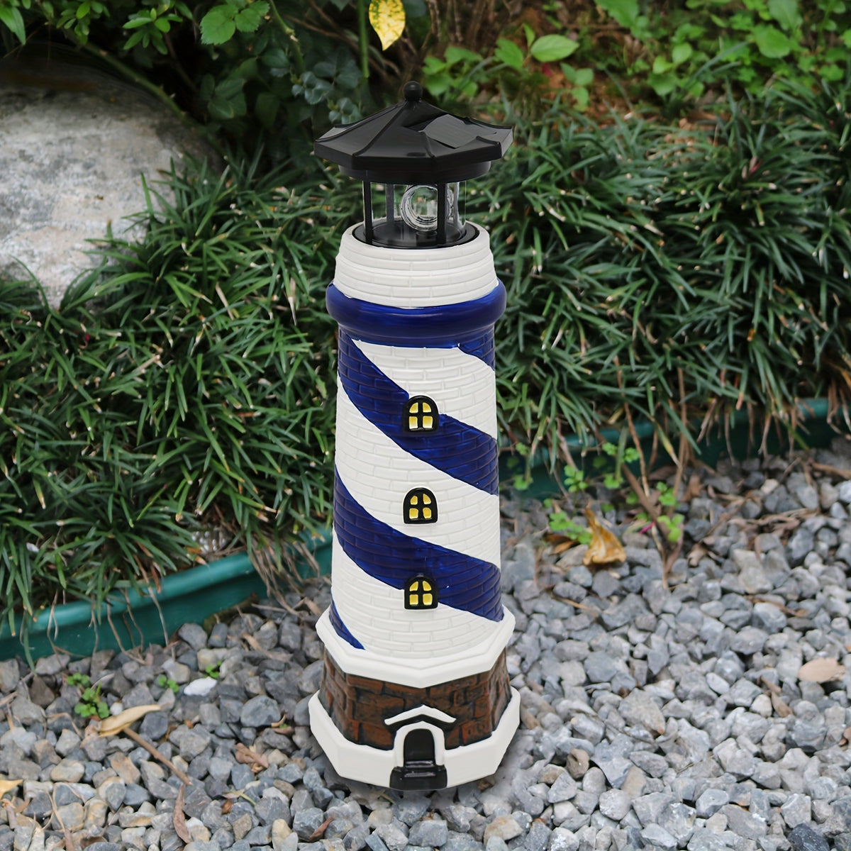 Solar Lighthouse Garden Decor with 360-Degree Rotating LED Light, Blue or Red Outdoor Statue Lantern for Patio, Courtyard and Nautical Landscape Displays