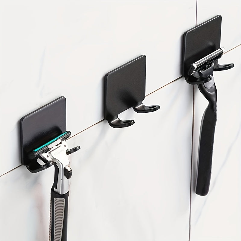 Self-Adhesive Razor Holder and Towel Hooks for Bathroom Organization, Three-Piece No-Drill Shaver Storage Set for Compatible Razors and Hanging Items