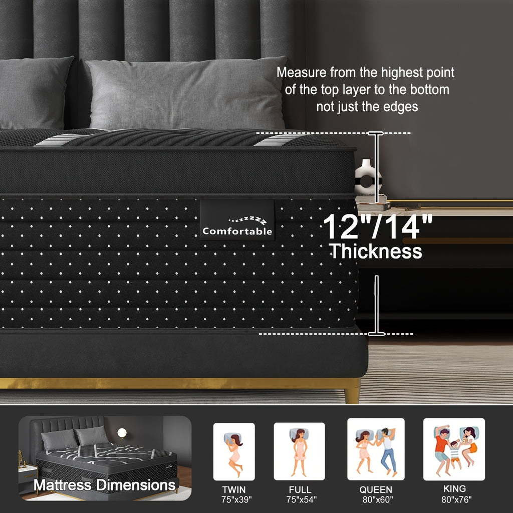 Euro Top Hybrid Mattress with Gel Memory Foam and Individual Pocket Springs, Medium Firm Bed in a Box with 12 and 14-Inch Models, Twin to King Sizes
