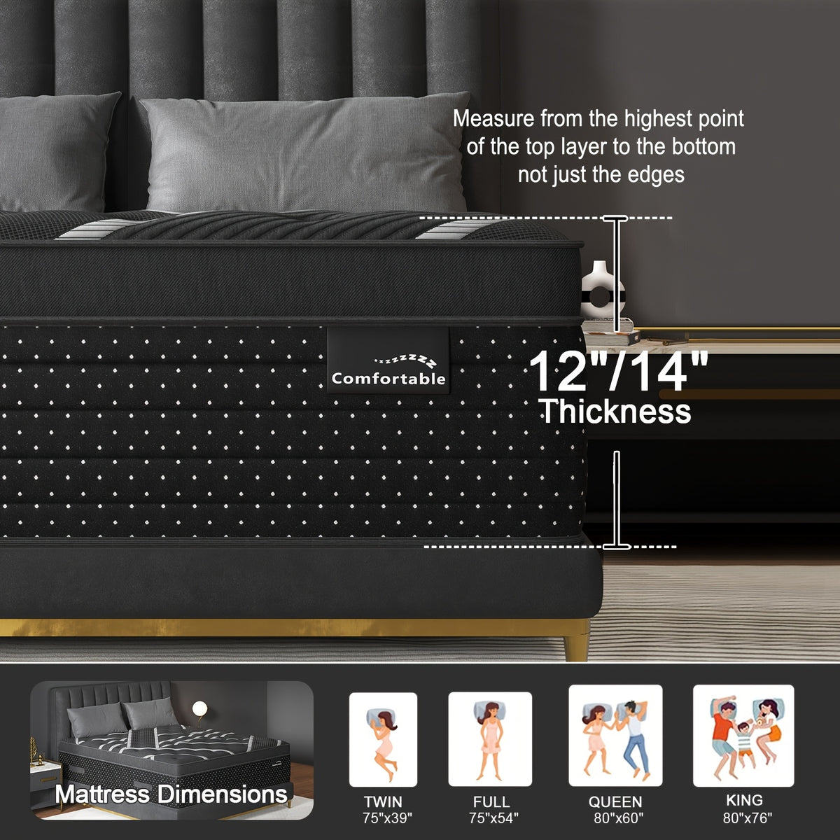 Euro Top Hybrid Mattress with Gel Memory Foam and Individual Pocket Springs, Medium Firm Bed in a Box with 12 and 14-Inch Models, Twin to King Sizes