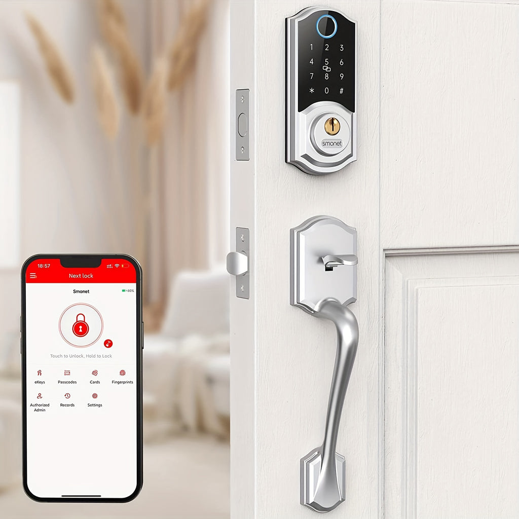 SMONET Fingerprint Deadbolt and Handle Set with Bluetooth, Digital Keypad, Phone App and Auto-Lock Wording, Black, Silvery or Oil Rubbed Bronze Options