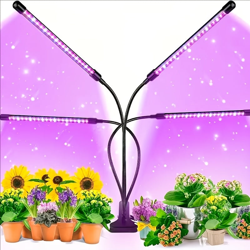 Clamp LED Grow Light with One, Three or Four-Tube Options, Listed Five Brightness Levels and 3, 9 or 12-Hour Timer for Indoor Plant Care and Home Gardening