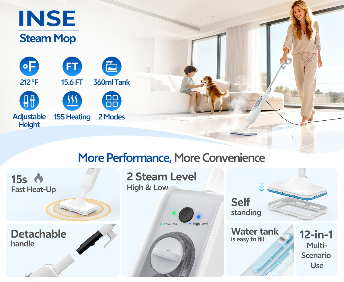 Steam Mop Cleaner INSE F2 White with Listed 10-in-1 Multifunction Design, 15-Second Heating and High-Temperature Steam for Compatible Home Cleaning Tasks