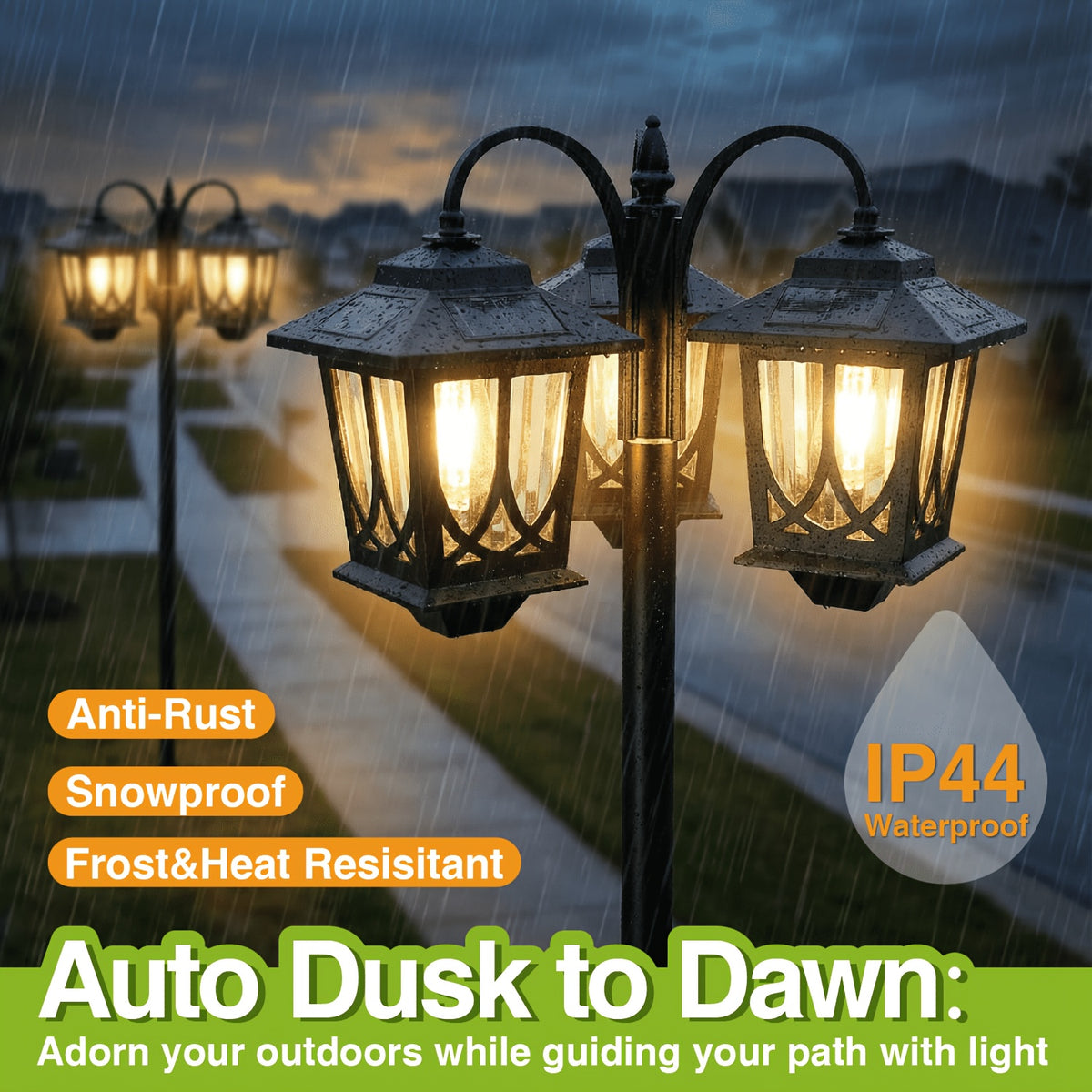 Three-Head Solar Lamp Post with Listed 73-Inch Section-Adjustable Design and 3000K Warm White Light, Black, Two-Pack or Upgraded Flower Pot Model Labels