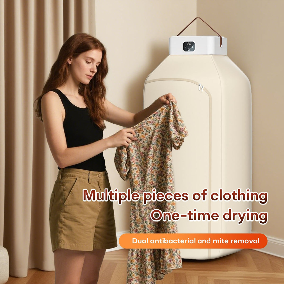 600W Portable Clothes Dryer with Two Warm-Air Modes and 1H, 2H or 8H Timer, Compact 110V Laundry Dryer with Beige1, Beige2 and UV Deluxe Model Options