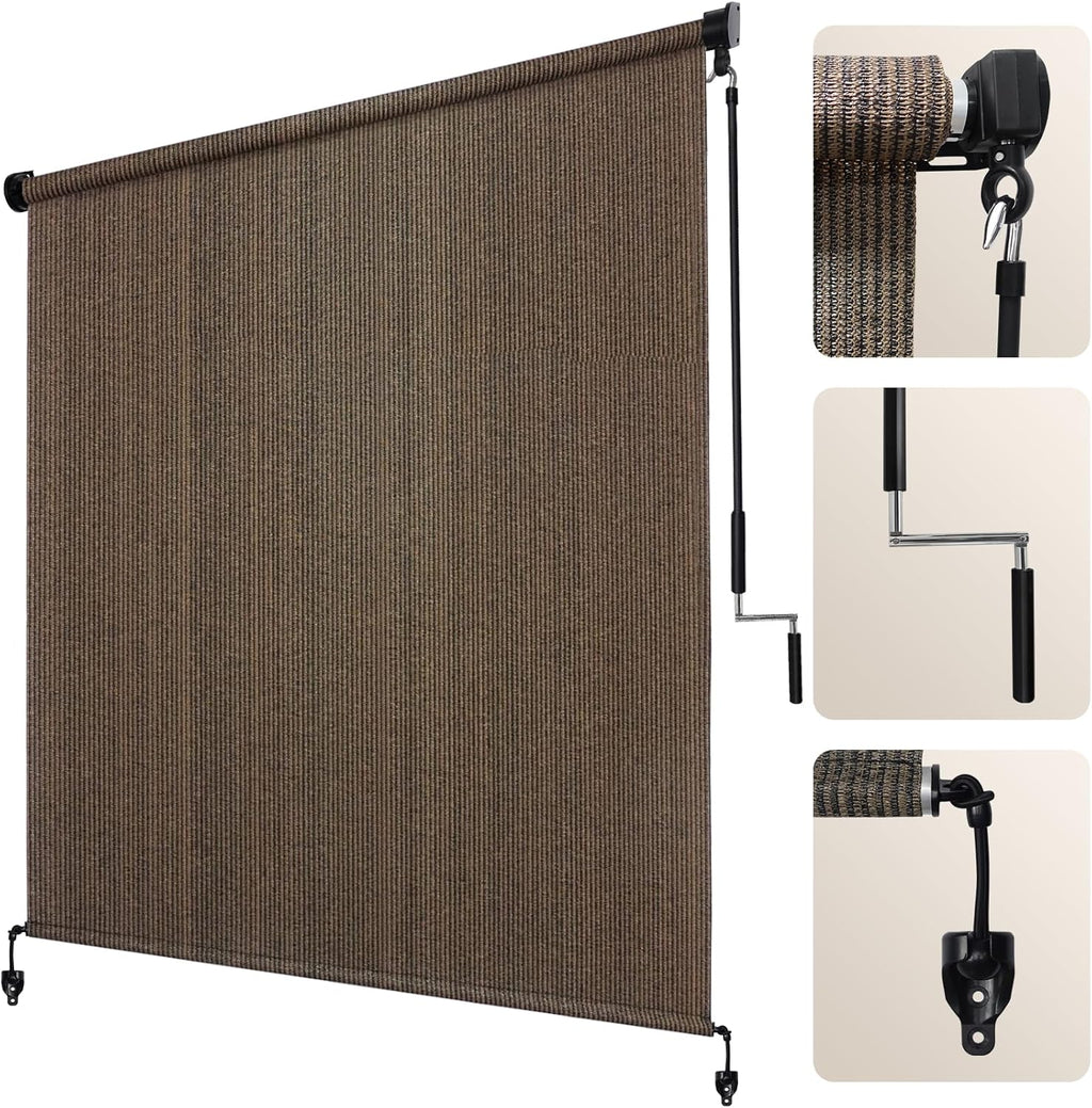 Outdoor Roller Shade in Gray or Mocha, Cordless Roll Up Patio Blind with 220GSM HDPE Fabric, One-Piece Panel and Seven Sizes for Porch, Deck and Balcony