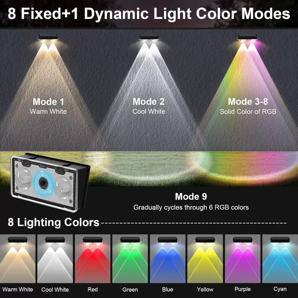 Multicolor Solar Fence Lights with Nine Listed Modes and Lens-Focused LEDs, Outdoor Wall and Patio Decorative Lighting in Packs of 4, 6, 8 or 10