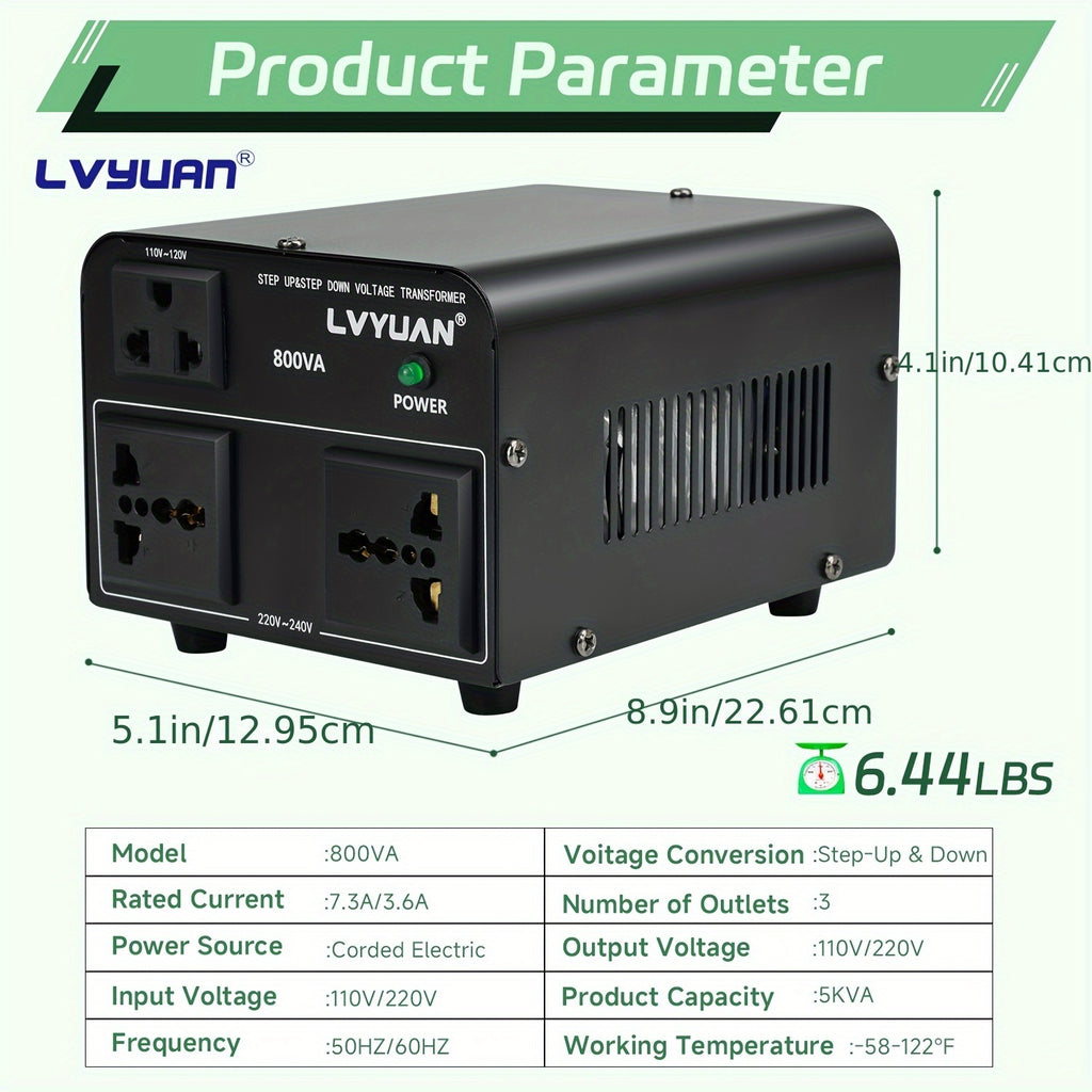Voltage Converter 800W/5000W Peak, Heavy Duty Step Up Step Down Transformer, 110V to 220V / 220V to 110V, Aluminum Body, Safety Protections with Overload Indicator