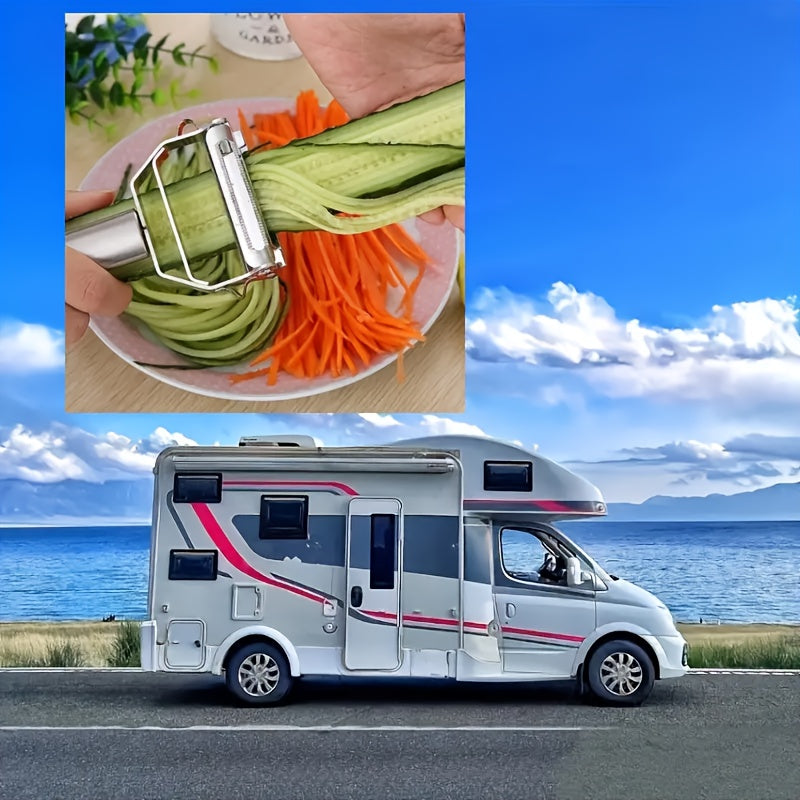 Multi-Use Fruit and Vegetable Peeler in Silvery Stainless Steel, Single Manual Kitchen Tool with Slicing, Grating and Shredding References for Home and RV Meal Prep