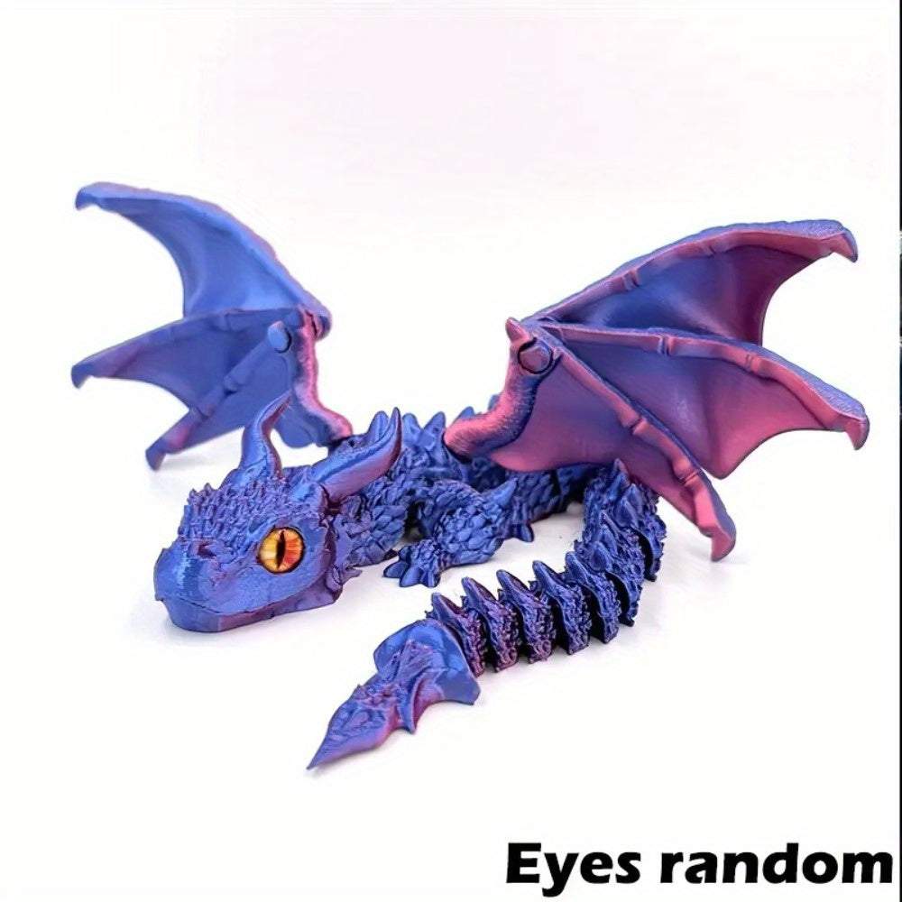 3D Printed Dragon Figurine with Articulated Two-Horned Fantasy Design, Six Color Combinations and Random Eye Details for Gothic Shelf, Desk and Room Decor