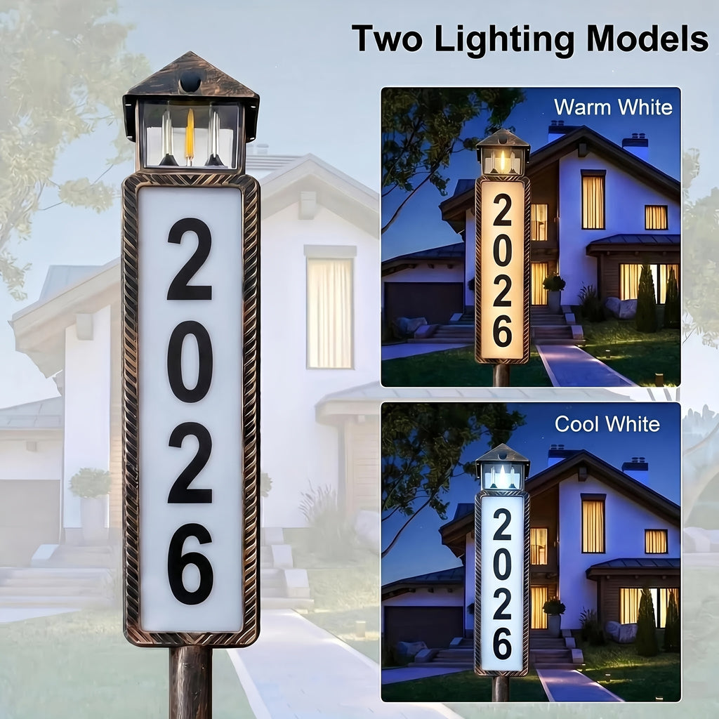 Solar LED Address Sign, House Number Display Board with Three Adjustable Color Mode Label, Black or Retro Design Options for Entryways and Courtyards