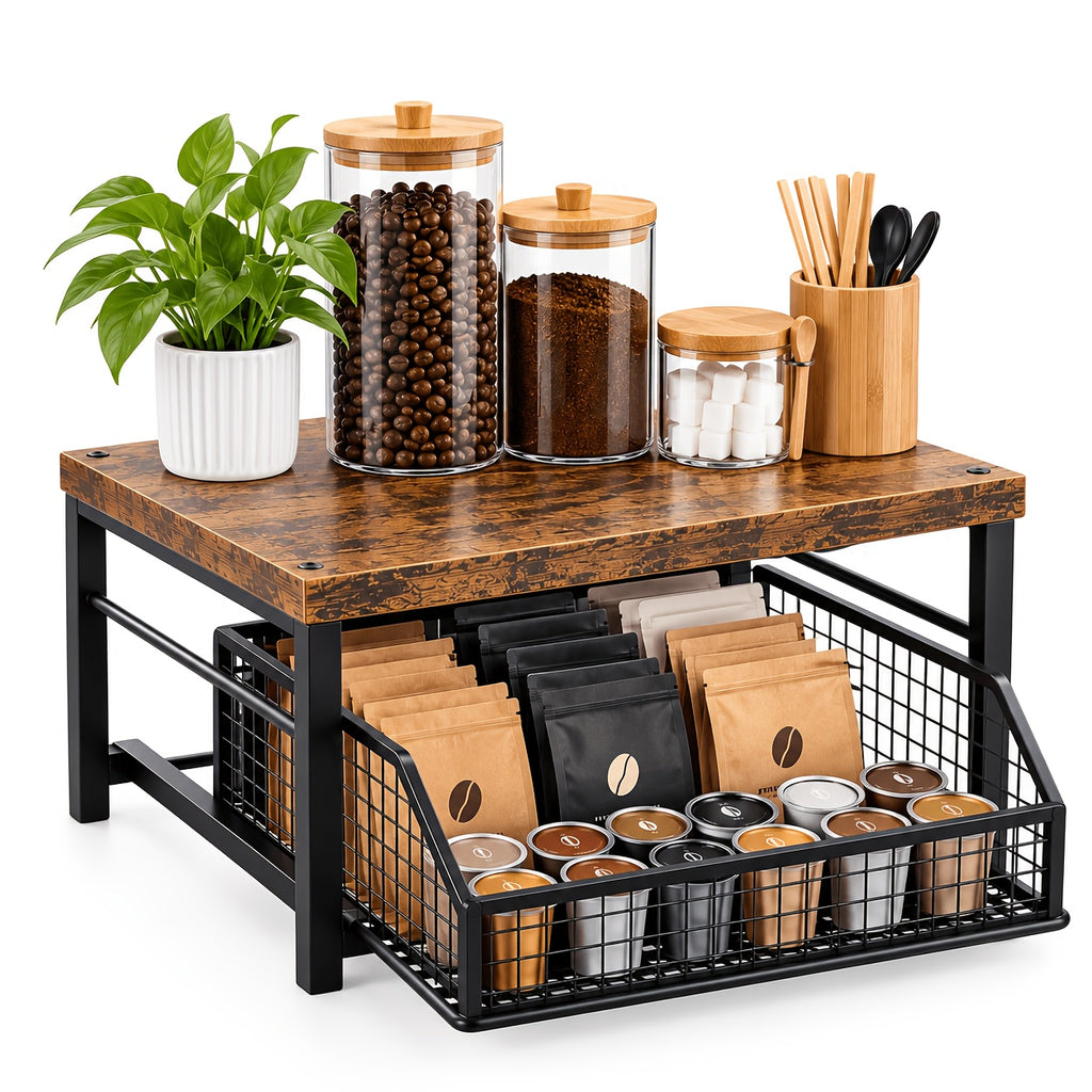 Coffee Pod Storage Drawer Stand, Modern Black Metal Countertop Shelf with Listed 70-Pod Capacity for Compatible Coffee Machines and Kitchen Accessories