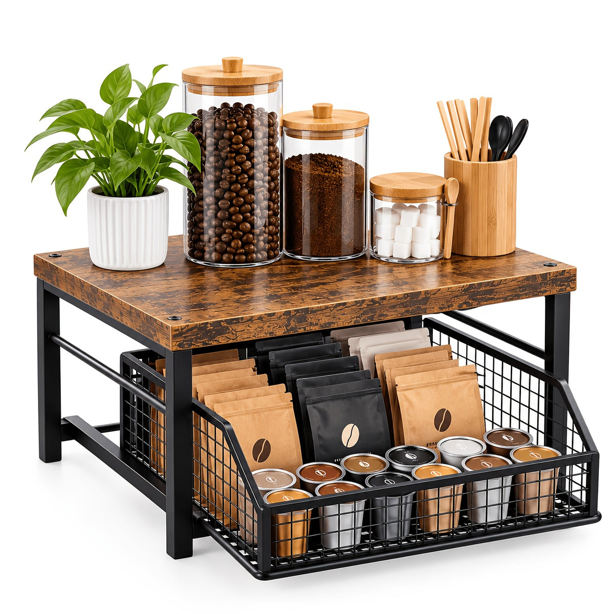 Coffee Pod Storage Drawer Stand, Modern Black Metal Countertop Shelf with Listed 70-Pod Capacity for Compatible Coffee Machines and Kitchen Accessories