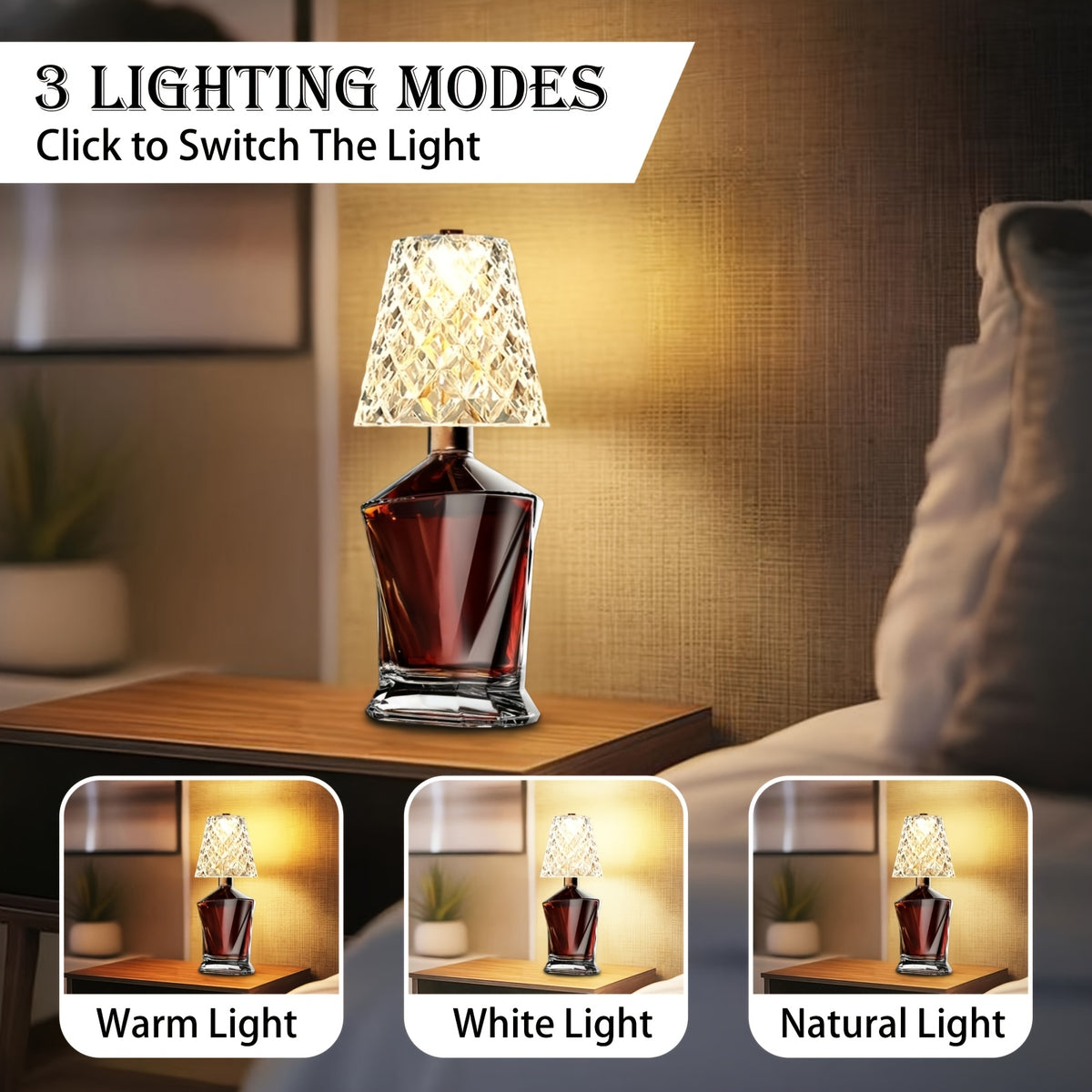 Rechargeable LED Bottle Table Lamp with Dimmable Lighting and Acrylic Lampshade, Crystal Style, Quantity 2 Option for Office and Wine-Themed Decor