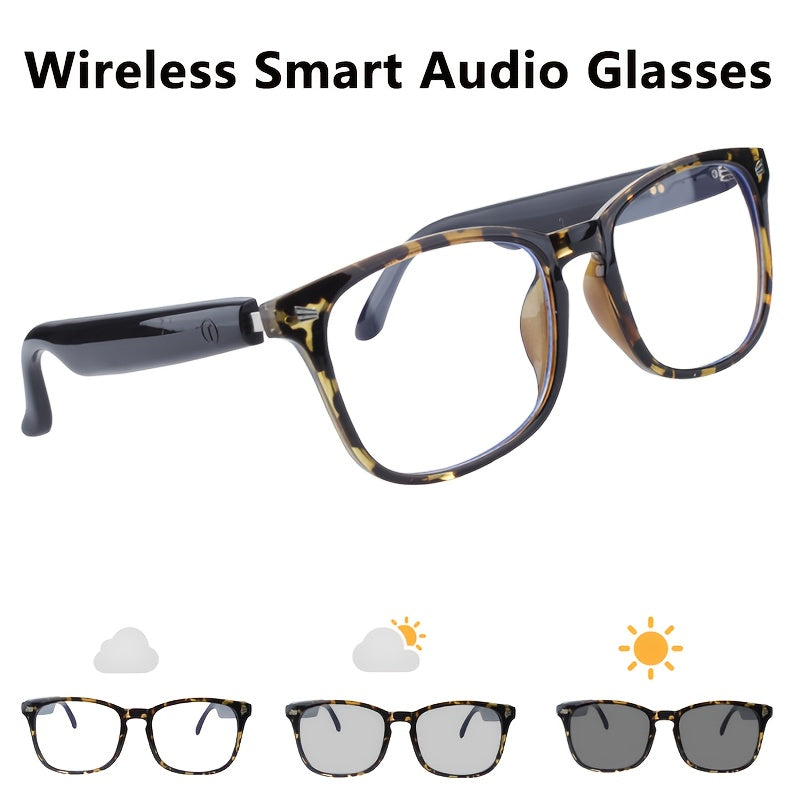 Photochromic Audio Glasses with Touch Control, Built-In Microphone and Rechargeable Wireless Sound, Yellow Frame and Black Temples for Work and Daily Wear