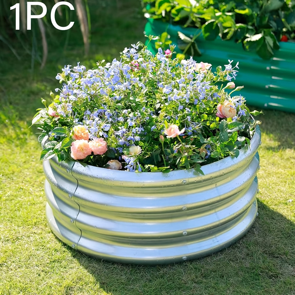 Galvanized Garden Planter Set with Listed Shovel, One or Two Metal Raised Beds with Oval or Round Design References for Outdoor Vegetable Gardening