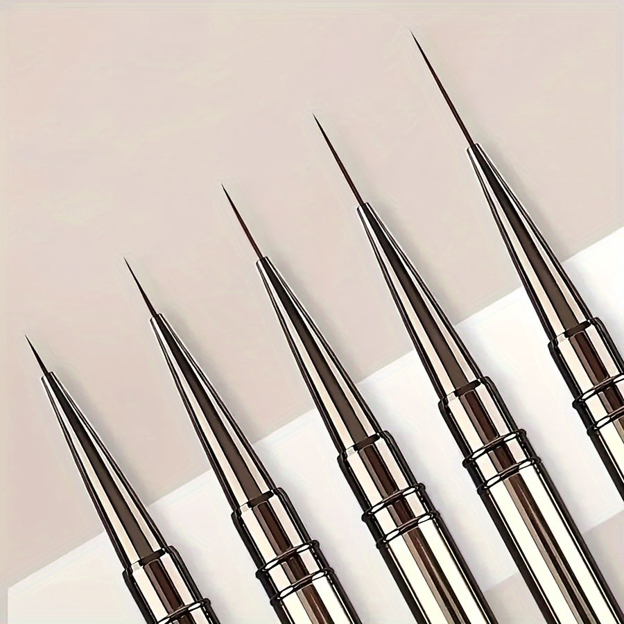 Capped Nail Art Liner Brush Set with Five Listed 6, 9, 12, 15 and 18mm Sizes, Metal Handles and Black Gray Option for Gel Polish Fine-Line Detailing