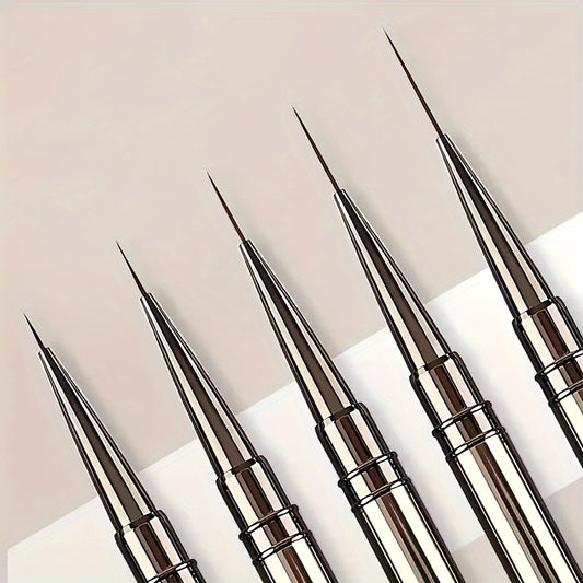 Capped Nail Art Liner Brush Set with Five Listed 6, 9, 12, 15 and 18mm Sizes, Metal Handles and Black Gray Option for Gel Polish Fine-Line Detailing