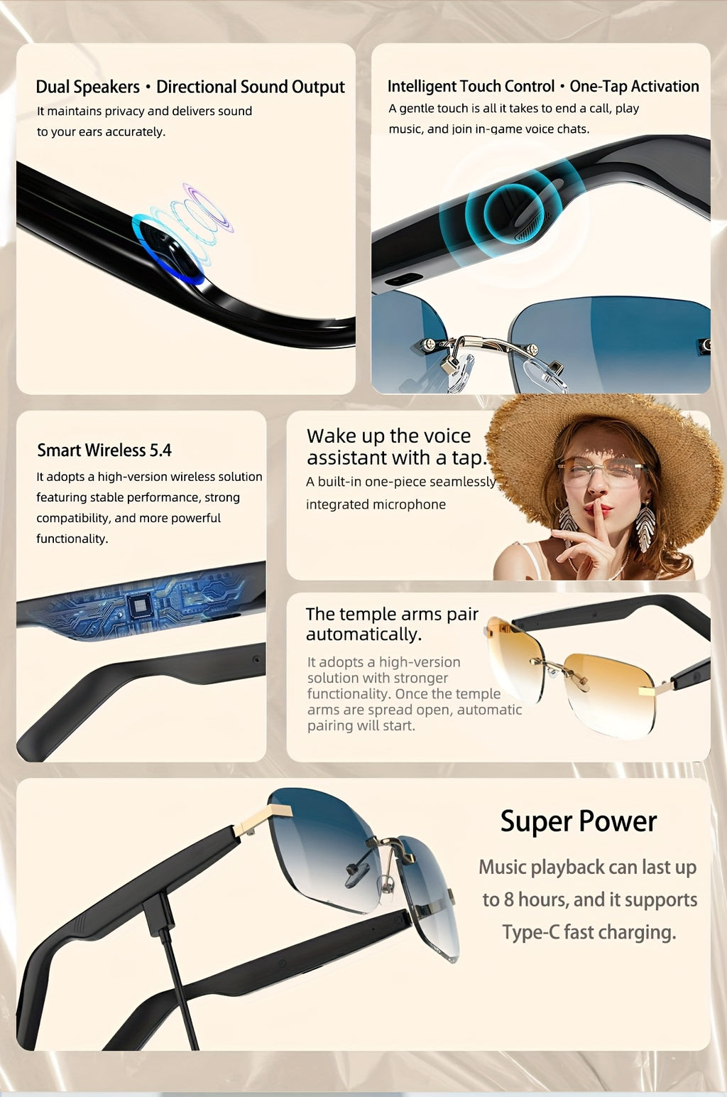 Touch-Control Wireless Audio Glasses with Listed Built-In Microphone, Music Playback and Hands-Free Calls in Gradient Blue, Gradient Purple or Brown-1