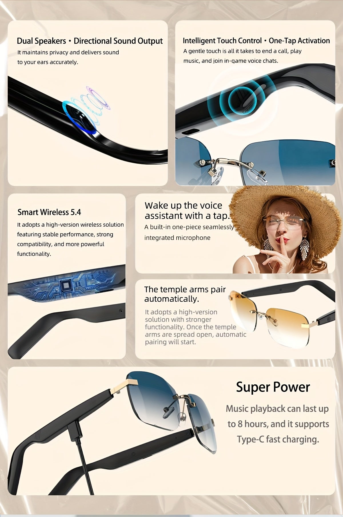 Touch-Control Wireless Audio Glasses with Listed Built-In Microphone, Music Playback and Hands-Free Calls in Gradient Blue, Gradient Purple or Brown-1