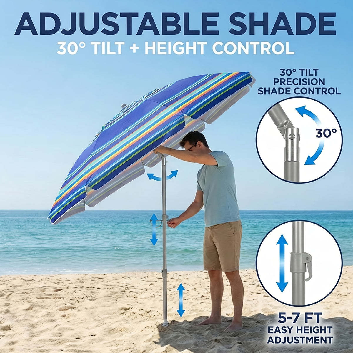 7ft Beach Umbrella with Sand Anchor and Tilt Adjustment, Vented Oxford Cloth Canopy with Fiberglass Ribs in Solid Blue, Baby Blue Stripes or Dark Blue Stripes