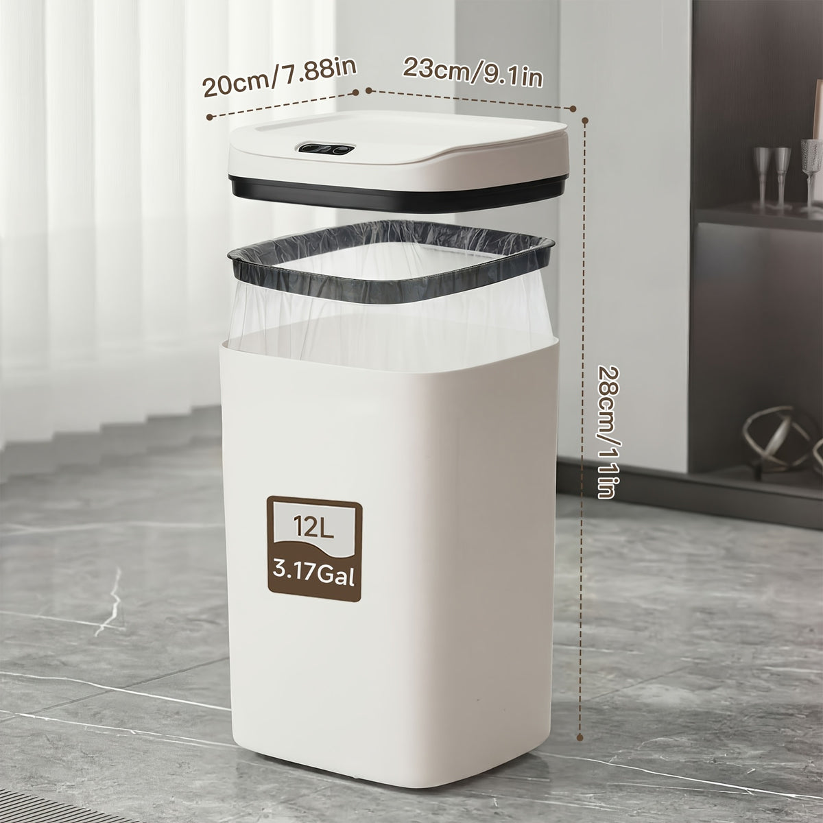Touchless Plastic Trash Can with Motion Sensor Lid, 3.17 or 4.23-Gallon Capacity Options and Selected Bag Rings or Holders for Kitchen, Bathroom and Office