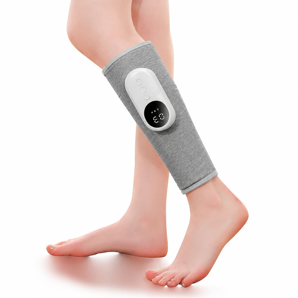 Grey Rechargeable Compression Leg Massager, One-Piece USB-Charging Device with Listed 2000mAh Battery, Three Intensity Levels and Three Temperature Settings