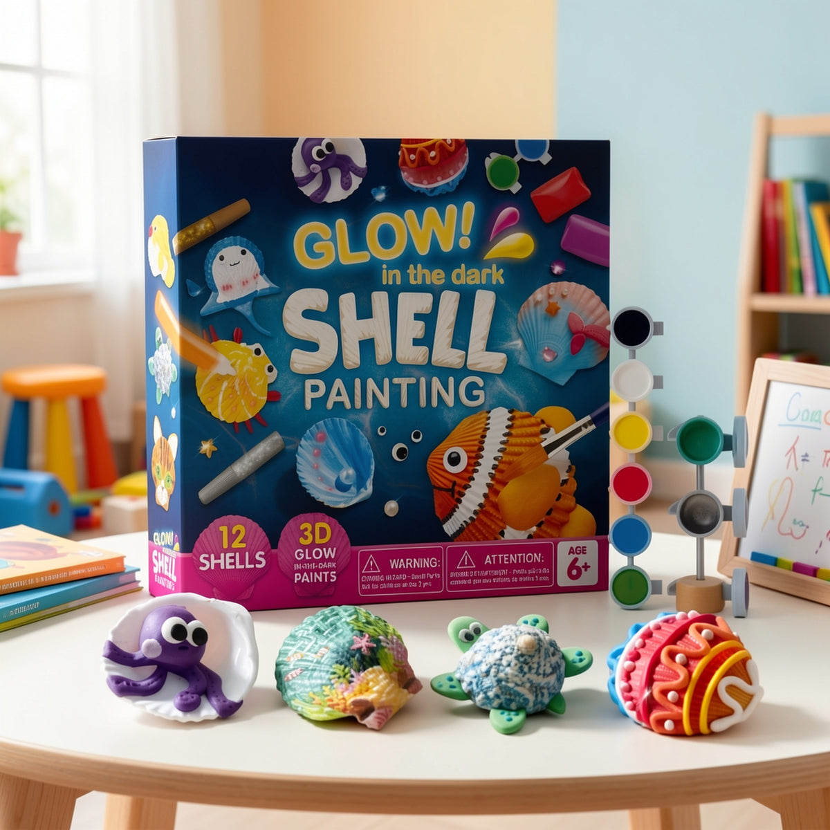 Seashell Painting Kit by SYNCFUN, 12-Shell Ocean Craft Set with 4 Glow-in-the-Dark Paint Bottles and 4 Brushes for Ages 6–12 Supervised Art Activities