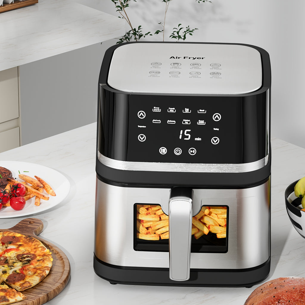 8Qt Digital Air Fryer, Stainless Steel 8-in-1 Cooker with Viewing Window, Touchscreen and 180-400°F Temperature, Dishwasher-Safe Non-Stick Basket, Large Family Size for Indoor Cooking, Black