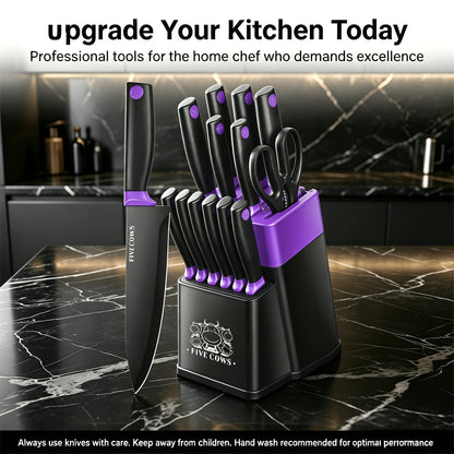 High Carbon Stainless Steel Knife Set with Manual Sharpener and Holder Base, Plastic Handle Kitchen Collection in 14-Piece and 13+1 Color-Labeled Options