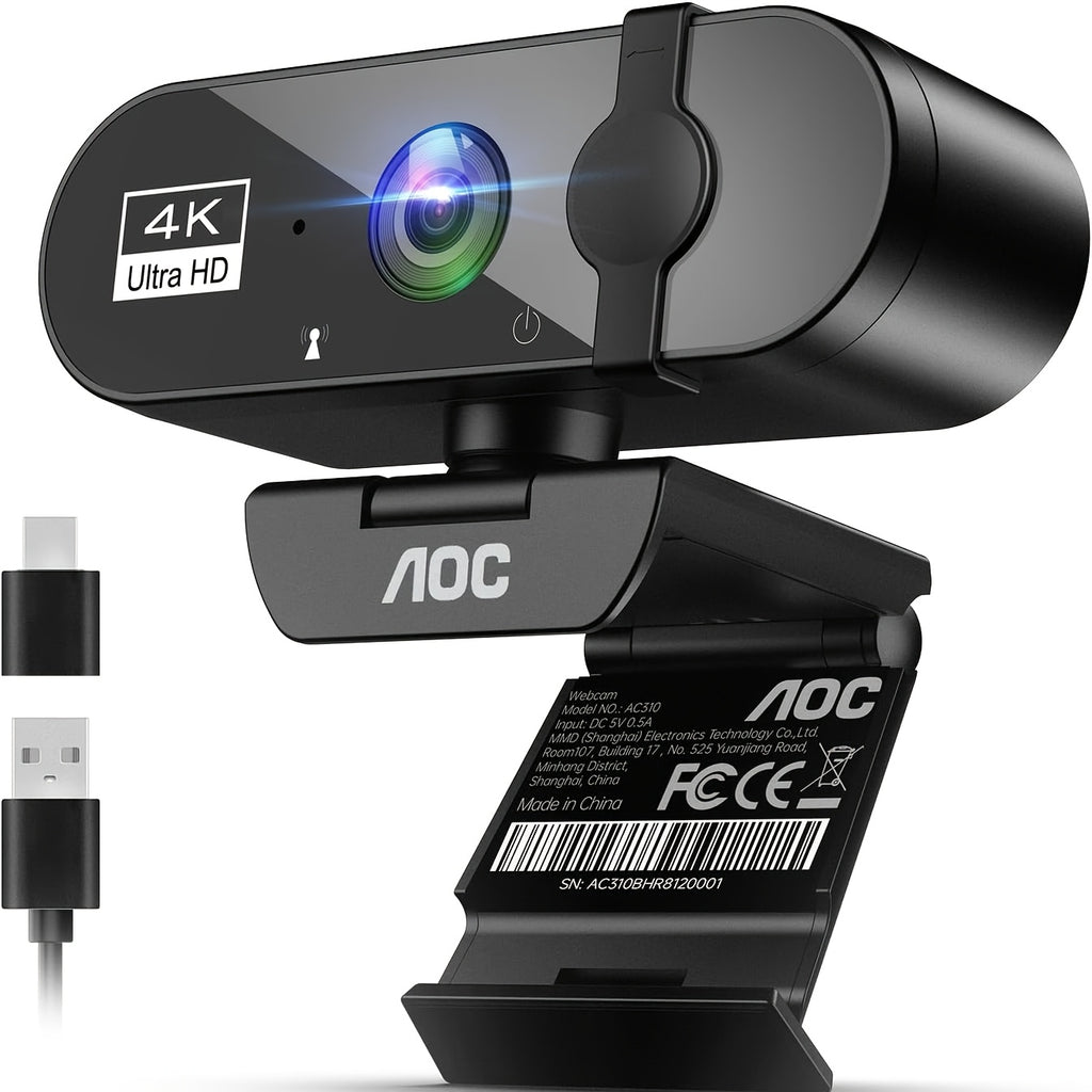 AOC 4K USB Webcam in Starry Black with Microphone, Noise Cancellation, Privacy Cover and 99 Degree Field of View for PC Meetings and Live Streaming