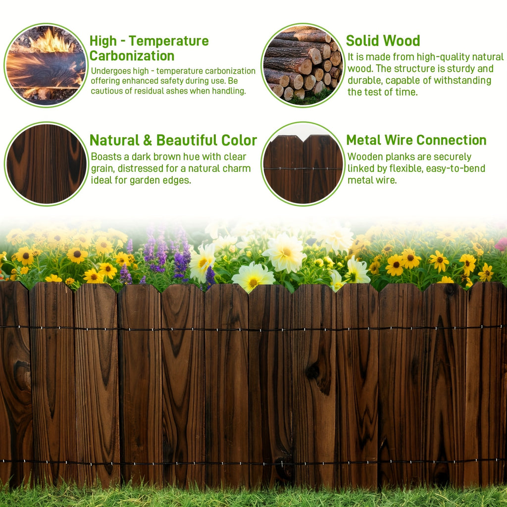 Wooden Garden Edging Border with Listed 47.2-Inch Length, Wire-Connected Decorative Picket Design for Flower Bed Outlines, Curved Paths and Landscape Accents