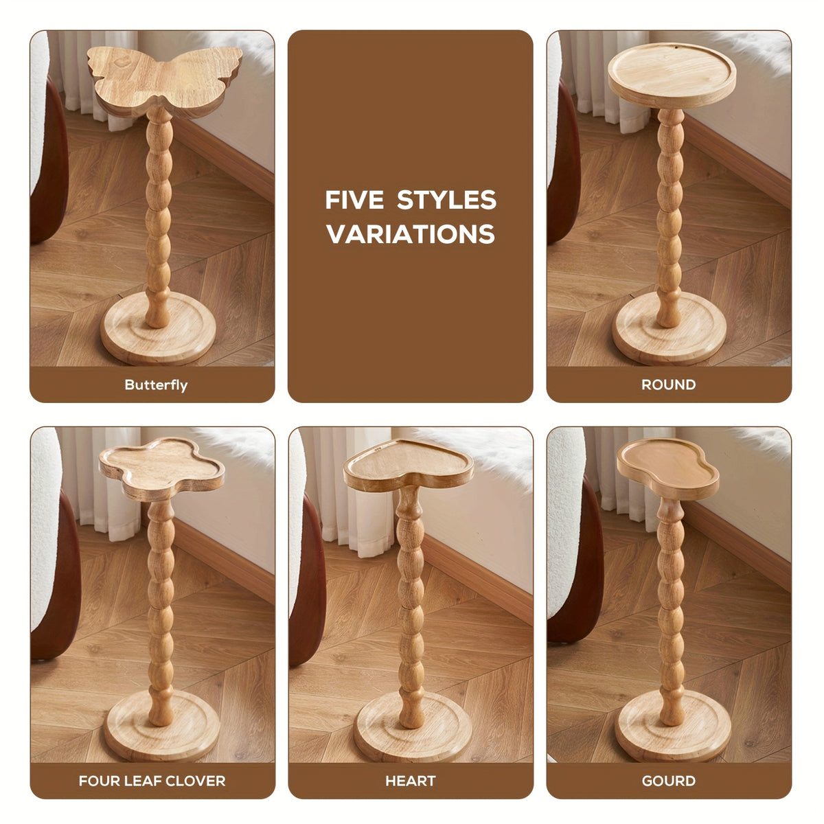 Pedestal Side Table with Heart, Clover, Gourd, Butterfly or Round Style Options, Wood, Walnut or Black Color Choices for Living Room and Bedroom Accents