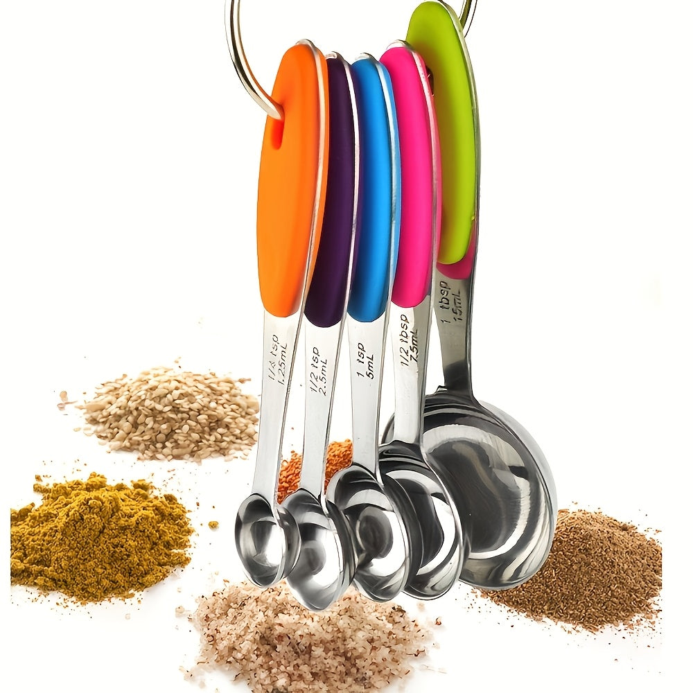 Five-Piece Measuring Spoon Set, Stainless Steel Kitchen Measuring Tools with Listed Silicone Handles for Everyday Recipe Prep, Home Cooking and Baking